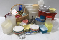 Assorted Tupperware Brand Storage Containers; Sauce Bowls w/Ladles and Stand; Wicker Basket; Vintage Boontonware Dishes; Wax Paper; Party Plates; Glad Toddler Bowls w/Lids