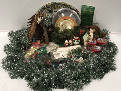 Vintage Serving Tray; Tinsel Garland; Light Up Artifical Tree Branch; (3) Tin Set; Plush Snowman; Snowman and Mr & Mrs. Claus Candles; Holiday Table Settings; Candle Clamps; 7 Watts Replacement Bulbs; Artifical Branch w/ Pine Cones; Nativity Scene; Candy