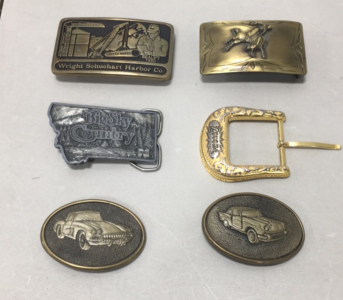 (6) Vintage Brass And Steel Belt Buckles Including (1) Anacortes Brass Works Wright Shuchart Harbor Co. Buckle