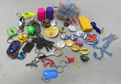 Lot Of Vintage Key Chains, Buttons, Pins, And More