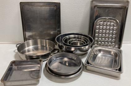 Assorted Cookie Sheets, Cake Pans, Mixing Bowls and (1) Deep Sauté Pan