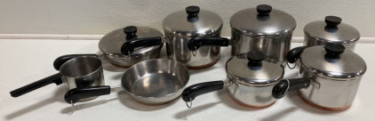 (7) RevereWare Copper Bottom Cookware w/ (6) Lids, (1) Measured Saucepan/Milk Pan