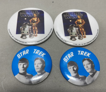 (2) Star Wars Pins Featuring R2D2 And C-3PO, (2) Star Trek Pins Featuring Captain Kirk And Spock