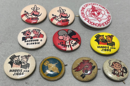 (10) Collectible Vintage Pins Featuring Dagwood And Blondie, Snuffy Smith, Maggie And Jiggs And More