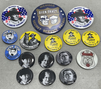 (10) Collectible Vintage Pins Featuring The Three Stooges, Betty Boop, John Wayne, Dick Tracy And More