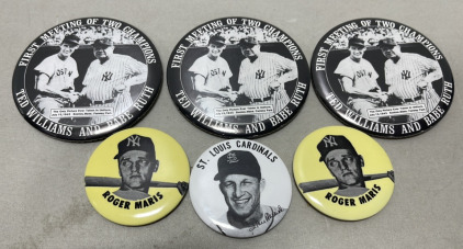 (6) Baseball Pins Featuring Ted Williams And Babe Ruth, Roger Maris, And Stan Musial