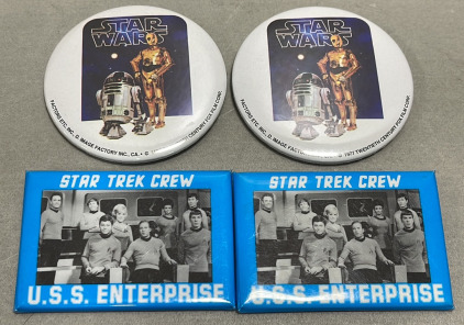 (2) Star Wars Pins, (2) Star Trek U.S.S. Enterprise Pins