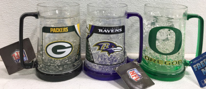 (3) NFL Freezer Mugs Including Greenbay Packers, Baltimore Ravens, & Oregon Ducks