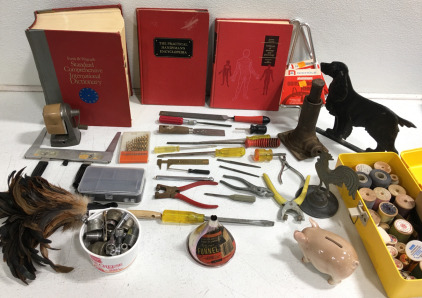 (1) Yellow Tool Box W/Thread (1) Cast Iron Dog (1) Cast Iron Rooster (20+) Assorted Tools (1) Standard International Dictionary & More!