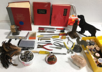 (1) Yellow Tool Box W/Thread (1) Cast Iron Dog (1) Cast Iron Rooster (20+) Assorted Tools (1) Standard International Dictionary & More!