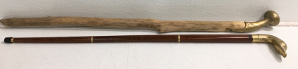 (2) Beautiful Walking Sticks (1) 39&rdquo;&rdquo; With Brass Doorknob Handle (1) 35&rdquo; Brass Duck Head Handle