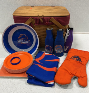 Boise State Bottle Cousies, Flag, Plastic Bowl, Wicker Basket, And More