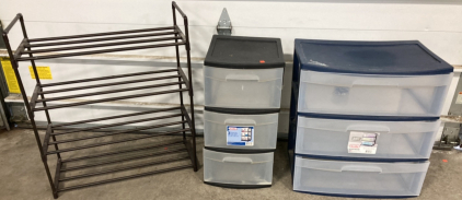 (1) Plastic Shoe Rack, (2) 3-Drawer Plastic Storage