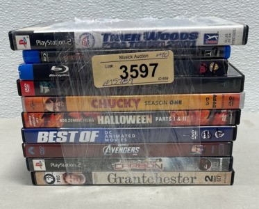 (8) DVD/Blue Ray Discs&hellip; Joker, Chucky +, (4) PlayStation 2 Games&hellip; Need For Speed Carbon, Frogger +