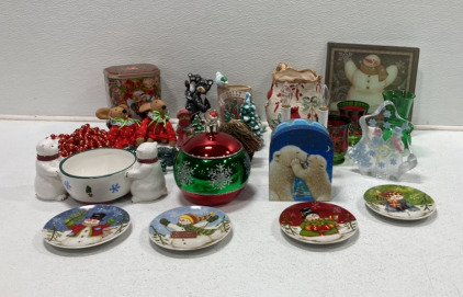 Assorted Christmas House Decorations Including Mini Christmas Plates, Ornament Candy Bowl, Glass Christmas Cups And More