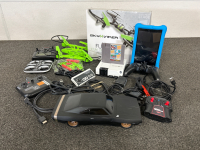 ELECTRONICS INCLUDES: TETRO GAMING CONSOLE, VIPER FURY STUNT DRONES, TABLET AND R/C CAR. TABLET POWERS ON ALL OTHERS MAY REQUIRE CHARGING OR POWER CORDS.