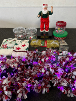 DANCING SANTA (WORKS), LIGHT UP GARLAND, CONTAINERS, GOLD GARLAND, KITCHEN TOWELS (2), KEYCHAINS (2) ANS DEER ORNAMENTS (2)