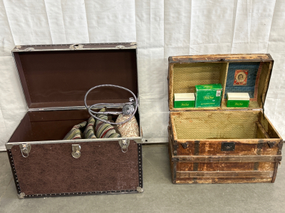 ANTIQUE WOOD CHEST, FAUX LEATHER CHEST, VINTAGE TRIVIAL PURSUIT GAME (1981), 4 THROW PILLOWS (4) AND A HANDHELD SHOWER HEAD