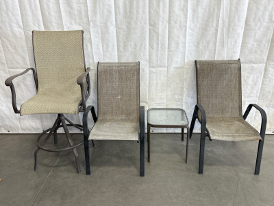 PATIO BARSTOOL, 2 PATIO CHAIRS AND SMALL GLASS/METAL SIDE TABLE