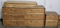 62" OAK DRESSER, 22X17X20 OAK NIGHT STAND, (7) 48X17.5 SHELVES