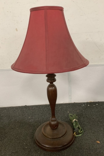 (1) WOOD BASE LAMP WITH MAROON LAMP SHADE