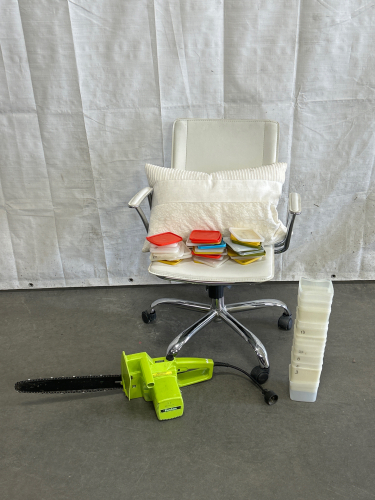 WHITE LEATHER ROLLING CHAIR, WHITE ACCENT PILLOW, POULON 14” BLADE ELECTRIC CHAINSAW (WORKS) AND PLASTIC FREEZER CONTAINERS WITH LIDS