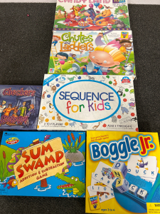 KIDS BOARD GAMES: CANDY LAND, CHUTES & LADDERS, SEQUENCE FOR KIDS, BOGGLE JR, SUM SWAMP AND SCOOBY-DOO CHECKERS