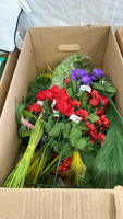 3 BOXES OF FAUX FOLIAGE AND FLOWERS PLUS AN ACCENT PILLOW AND TUMBLER - 3