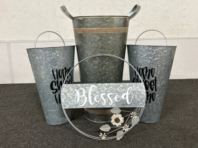 GALVANIZED STYLE PLANT HOLDERS AND BLESSED DECORATION