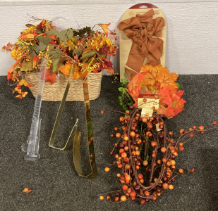 (1) BASKET OF FAKE FALL LEAVES AND BERRIES, (1) BERRY GARLAND, (1) CRAFT RIBBON BOW, (3) DOOR WREATH HANGERS