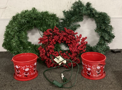 TWO LIGHT UP WREATHS, ONE CRANBERRY WREATH, TWO SANTA PLANT POTS