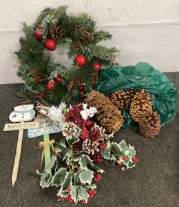 (1) WREATH WITH APPLES AND PINECONES, (2) CHRISTMAS LAWN DECORATIONS, BAG OF LARGE PINECONES, BOUQUET OF CHRISTMAS FLOWERS