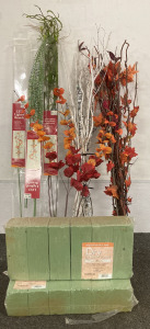 BAG OF CHRISTMAS DECOR INCLUDING TWO SIX PACKS OF DRY FLORAL FOAM AND LED LIGHTED BRANCHES AND TWIG LEAVES