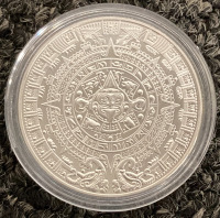 SILVER TONED AZTEC CALENDAR COIN, 4 PC HOBBY/DENTAL PICK TOOL KIT AND TRIPLET 30X-21MM JEWELER’S LOUPE - 4