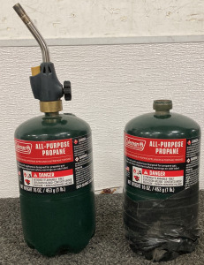 TWO USED COLEMAN ALL PURPOSE PROPANE TANKS 16 OZ