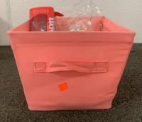 (1) PINK STORAGE BIN WITH CRAFTING SUPPLIES INCLUDING, CRAFTING WIRE, PINS, BEADS AND MORE