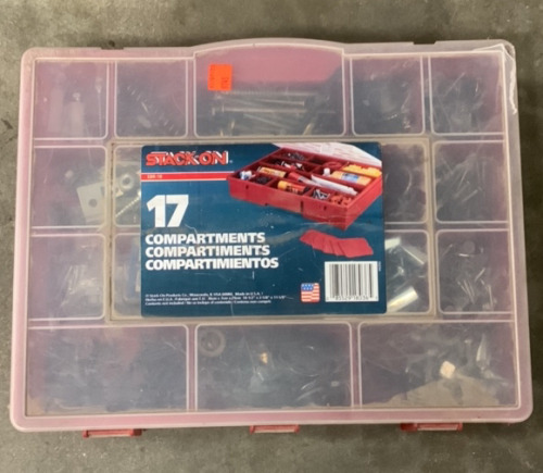 (1) STACK-ON 17 COMPARTMENT STORAGE/TOOL BOX WITH, SCREWS, BOLTS, AND MORE