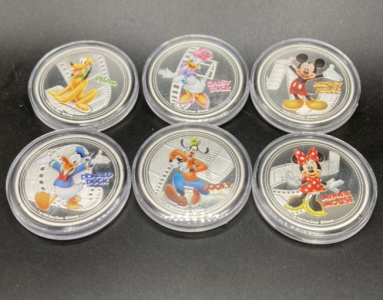 (6) Disney Characters Silver Plated 1-Oz Collectors Coins Including Mickey Mouse!!
