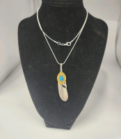 Tibetan Silver Feather Turquoise Inlay .925 Necklace