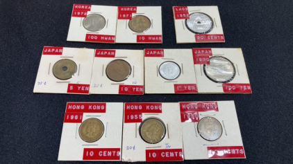 (10) Vintage Foreign Coins: (2) Korea, (1) Laos, (4) Japan, (3) Hong Kong