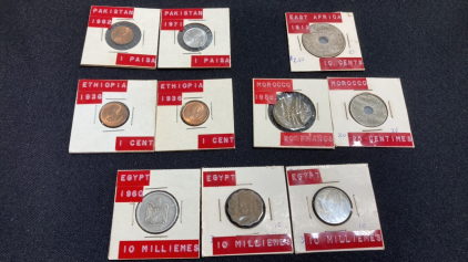 (10) Vintage Foreign Coins: (2) Pakistan, (1) East Africa, (2) Ethiopia, (2) Morocco, (3) Egypt