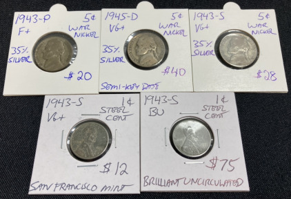 (3) Silver 1940s War Nickels, (2) 1943-S Steel Pennies