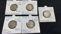 (4) 1935-P Buffalo Nickels, (1) 1937-D Buffalo Nickel