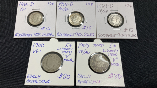 (3) 1964-D Silver Dimes, (2) 1900 Liberty Head V Nickel