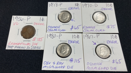 (4) Error Dimes, (1) Error Wheat Pennie