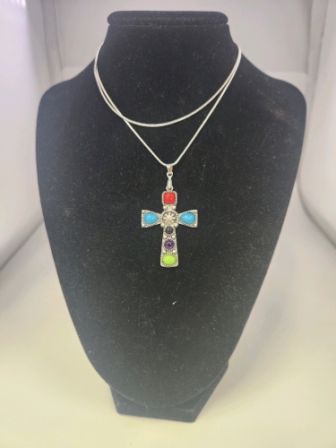 Multicolored Cross Gemstone .925 Necklace