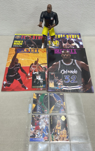 (1) 9” Tall Shaquille O’Neal Action Figure, (4) Shaquille O’Neal Olympic And NBA Collectible Cards And Tuff Stuff And Beckett Magazines Featuring Shaq