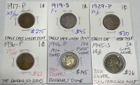 (4) Wheat Pennies Dates 1917-P, 1919-S, 1929-P, 1936-P. (1) 1946-P Roosevelt Dime, (1) 1945-S War Nickel