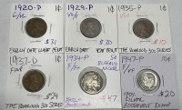 (4) Wheat Pennies Dates 1920-P, 1929-P, 1935-P, 1937-D. (1) 1934-P Buffalo Nickel, (1) 1947-P Roosevelt Dime