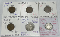 (4) Wheat Pennies Dates 1918-P, 1935-D, 1936-P, 1936-P. (1) 1934-P Buffalo Nickel, (1) 1946-S Roosevelt Dime